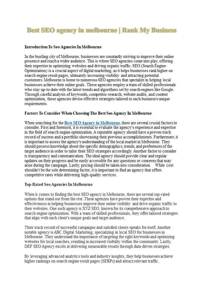 Best SEO Agency Melbourne | SEO Services | Company - Rank My Business