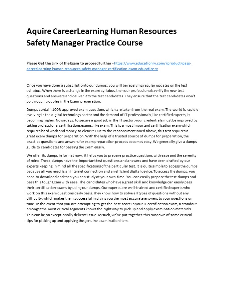 Aquire CareerLearning Human Resources Safety Manager Practice Course