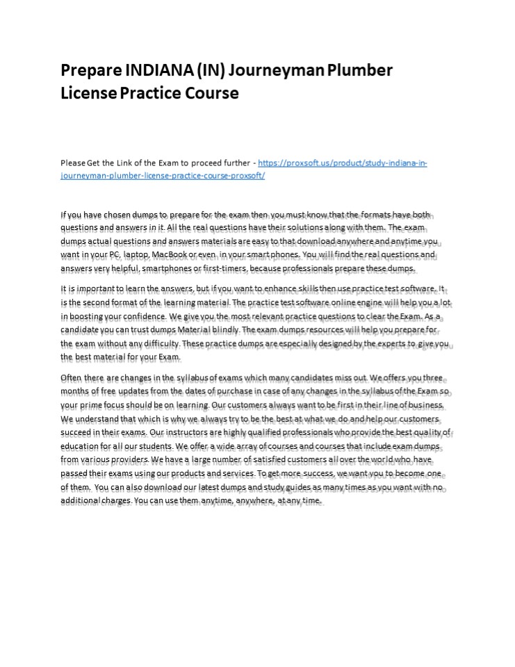 Prepare INDIANA (IN) Journeyman Plumber License Practice Course