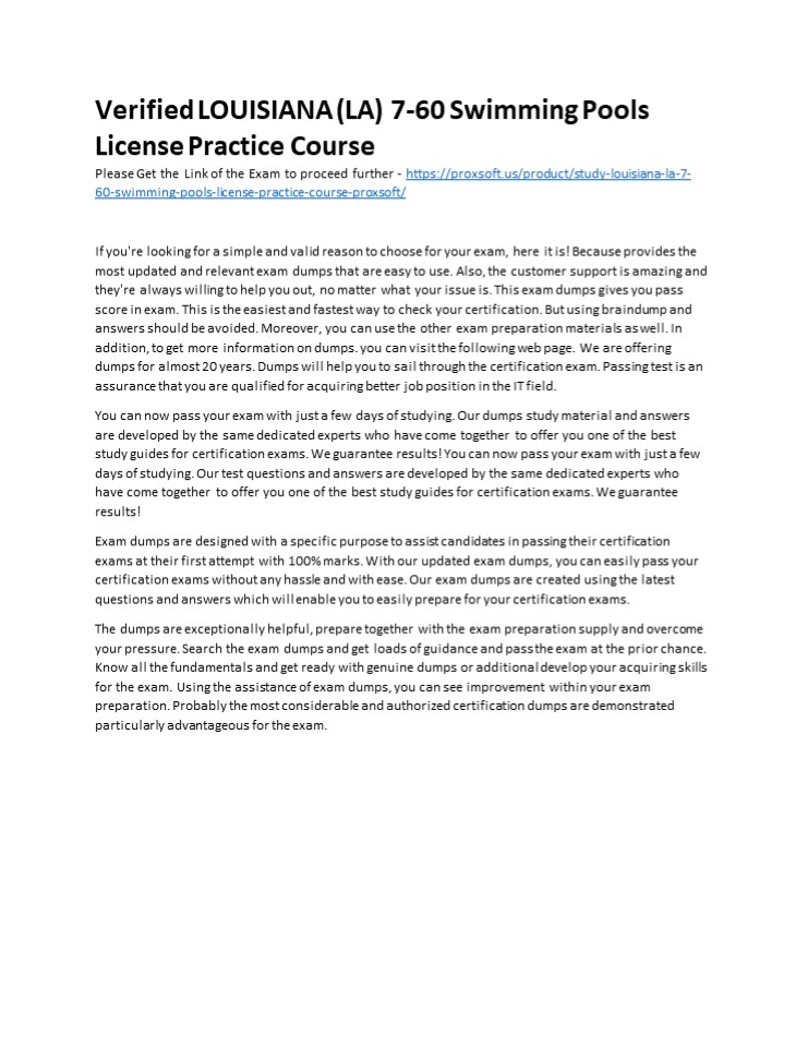 Verified LOUISIANA (LA) 7-60 Swimming Pools License Practice Course