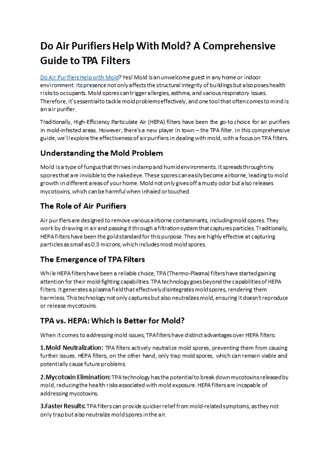 Do Air Purifiers Help With Mold? A Comprehensive Guide to TPA Filters