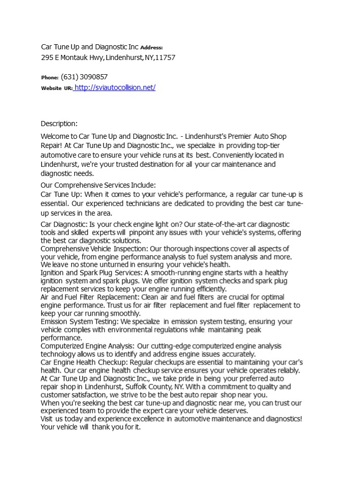 Car Tune Up and Diagnostic Inc