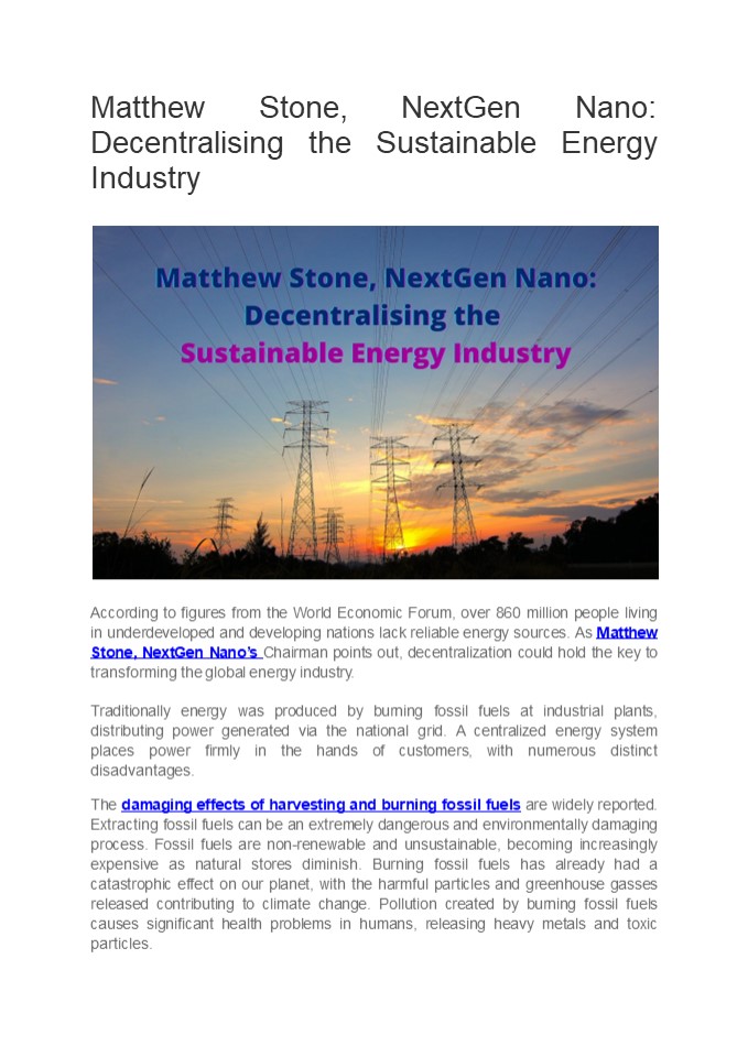Matthew Stone, NextGen Nano: Decentralising the Sustainable Energy Industry