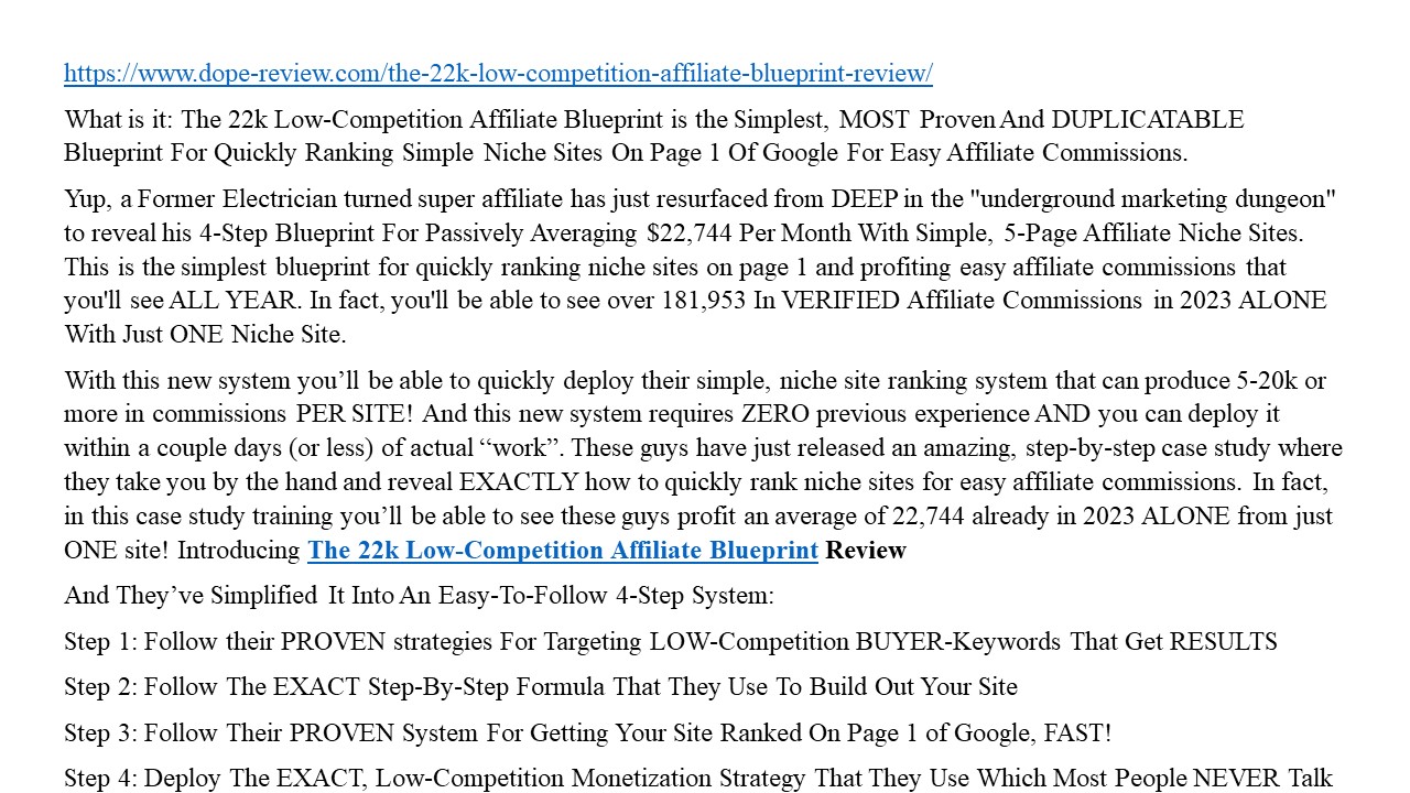The 22k Low-Competition Affiliate Blueprint Review