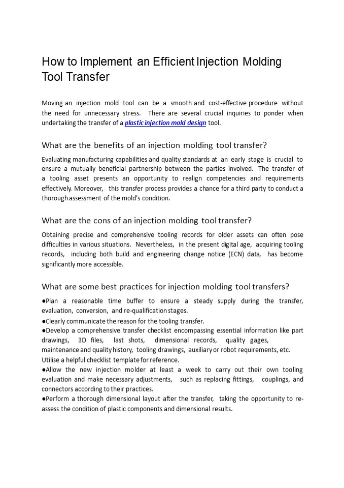 How to Implement an Efficient Injection Molding Tool Transfer