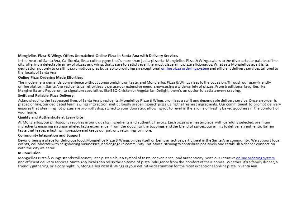 Mongiellos Pizza & Wings Offers Unmatched Online Pizza in Santa Ana