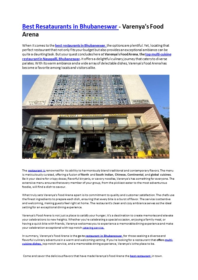 Best Restaurants in Bhubaneswar - Varenya's Food Arena