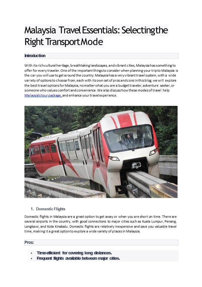 Malaysia Travel Essentials: Selecting the Right Transport Mode