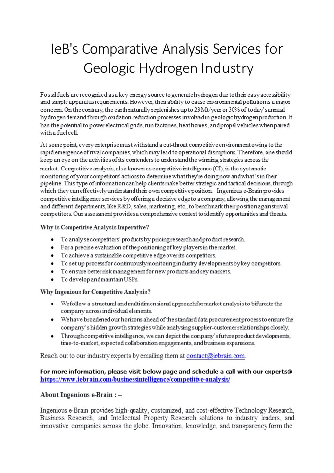 IeB's Comparative Analysis Services for Geologic Hydrogen Industry