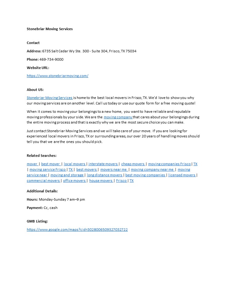 Stonebriar Moving Services