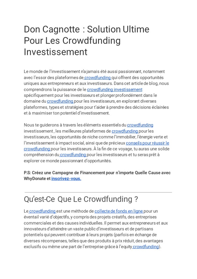 Don Cagnotte : Solution Ultime Pour Les Crowdfunding Investissement