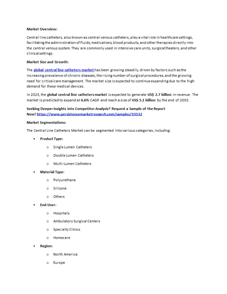 Central Line Catheters Market Explicit Evaluation