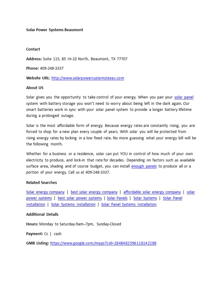 Solar Power Systems Beaumont