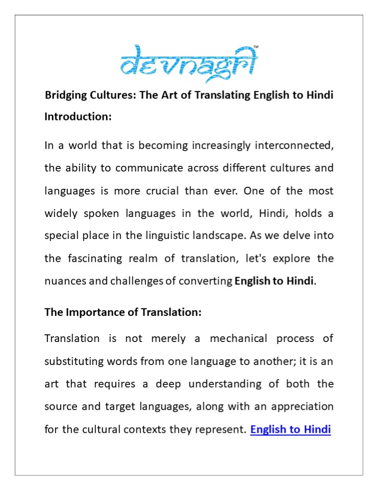 Bridging Cultures: The Art of Translating English to Hindi