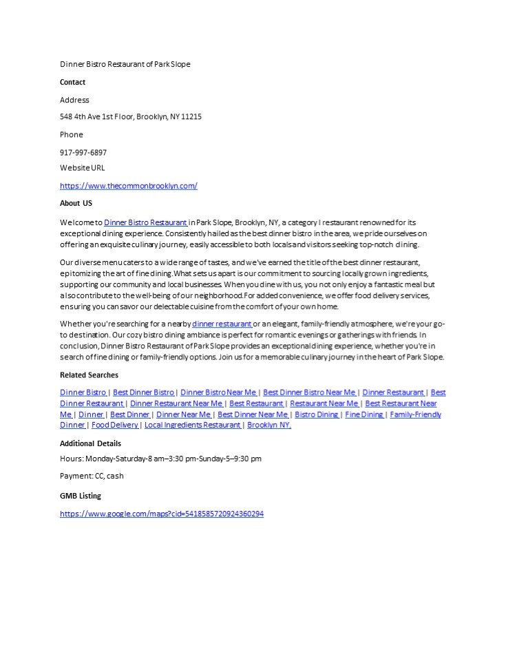 Dinner Bistro Restaurant of Park Slope