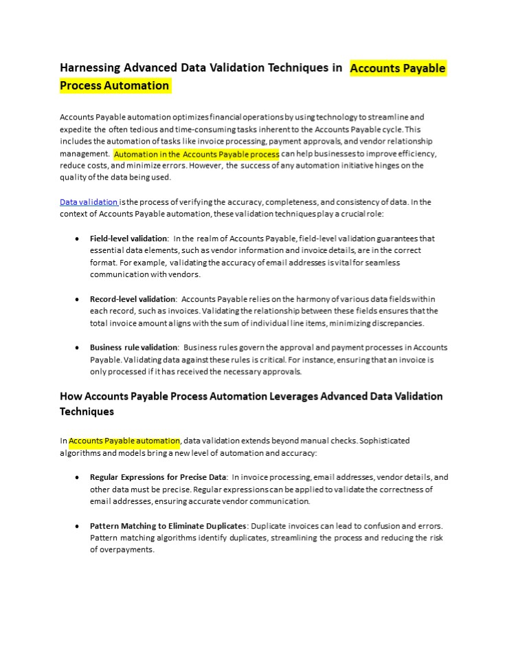 Harnessing Advanced Data Validation Techniques in Accounts Payable Process Automation