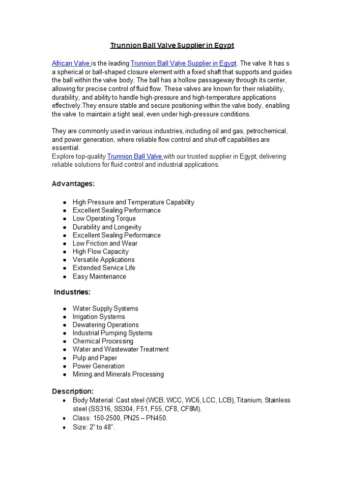 Trunnion Ball Valve Supplier in Egypt