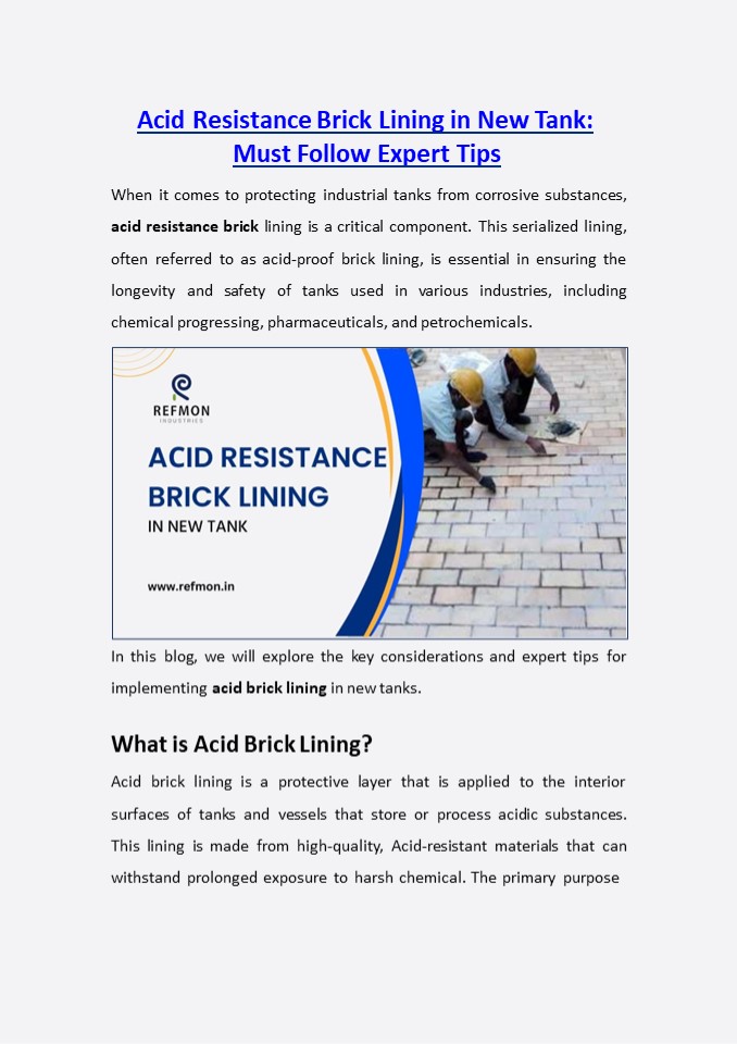 Acid Resistance Brick Lining in New Tank: Must Follow Expert Tips