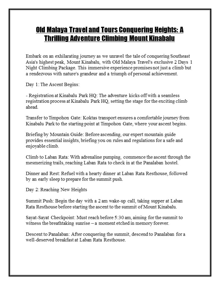 Old Malaya Travel and Tours Climb Mount kinabalu Package