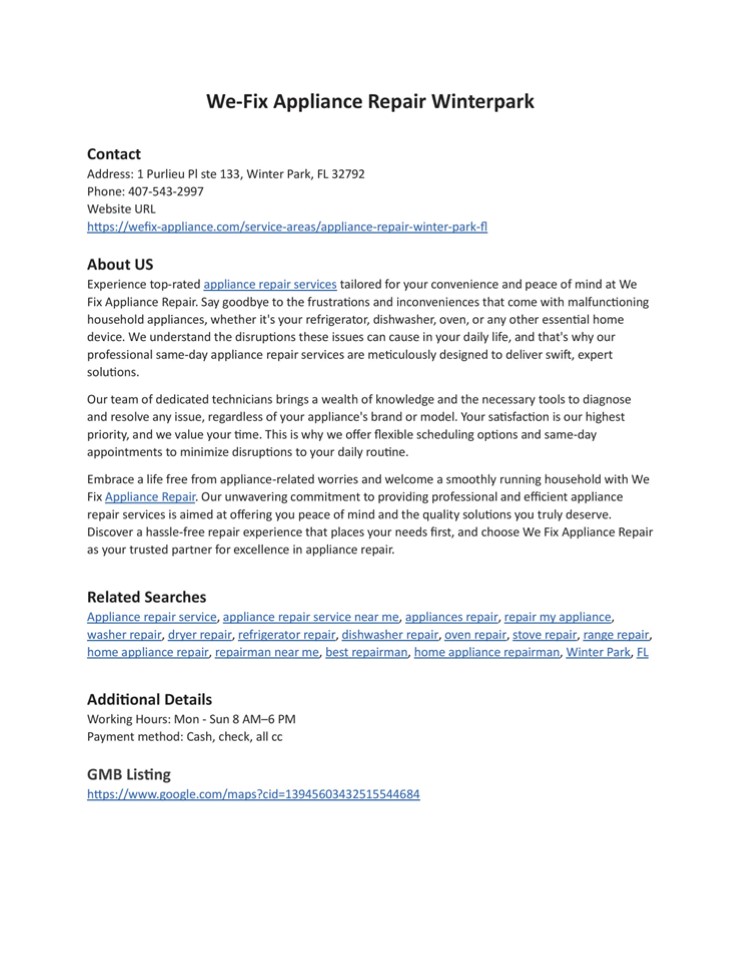 We-Fix Appliance Repair Winterpark