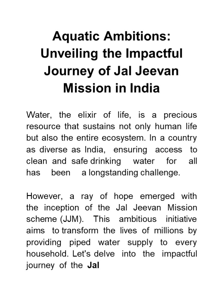Aquatic Ambitions: Unveiling the Impactful Journey of Jal Jeevan Mission in India