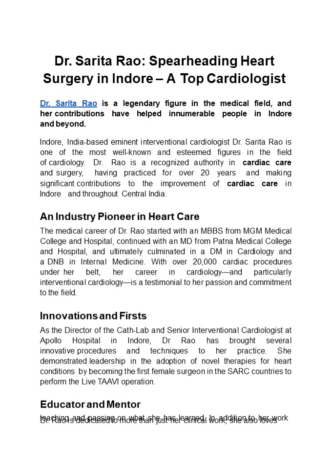 Dr. Sarita Rao: Spearheading Heart Surgery in Indore – A Top Cardiologist
