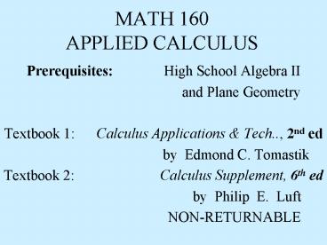 MATH 160 APPLIED CALCULUS