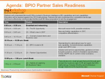 Agenda: BPIO Partner Sales Readiness Workshop