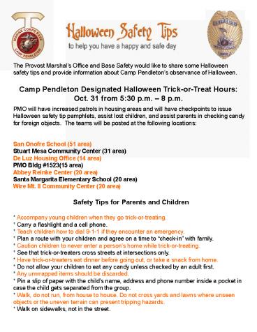 Camp Pendleton Designated Halloween TrickorTreat Hours: