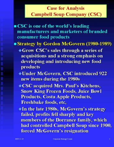 Case for Analysis Campbell Soup Company CSC