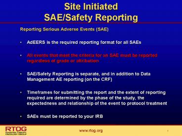 Site Initiated SAESafety Reporting