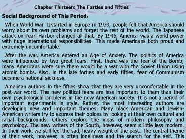 Chapter Thirteen: The Forties and Fifties