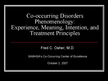 Cooccurring Disorders Phenomenology: Experience, Meaning, Intention, and Treatment Principles