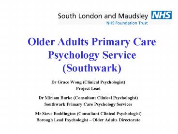 Older Adults Primary Care Psychology Service Southwark