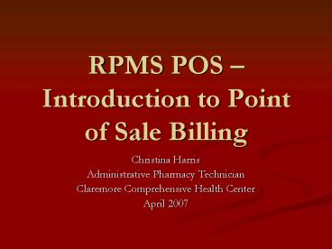 RPMS POS Introduction to Point of Sale Billing
