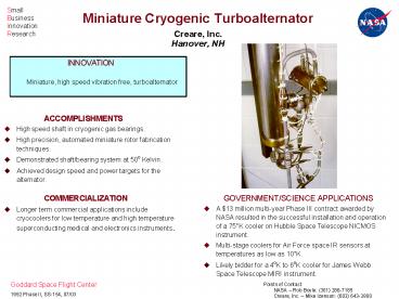 Miniature Cryogenic Turboalternator  Creare, Inc. Hanover, NH