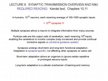 LECTURE 8: SYNAPTIC TRANSMISSION OVERVIEW AND NMJ
