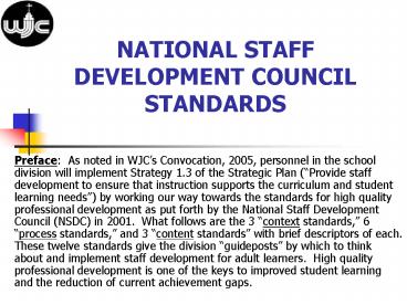 NATIONAL STAFF DEVELOPMENT COUNCIL STANDARDS