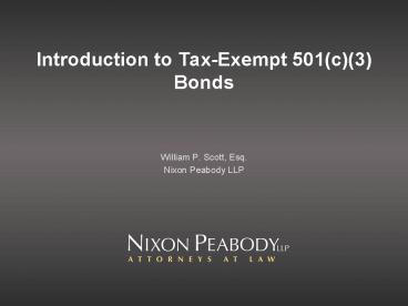 Introduction to Tax-Exempt 501(c)(3) Bonds