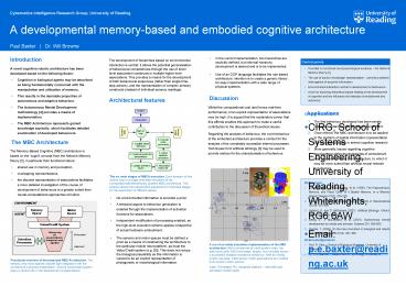 A developmental memorybased and embodied cognitive architecture