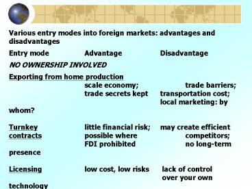 Various entry modes into foreign markets: advantages and disadvantages ...