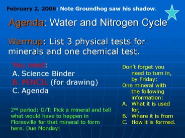 Agenda: Water and Nitrogen Cycle
