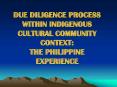 DUE%20DILIGENCE%20PROCESS%20WITHIN%20INDIGENOUS%20CULTURAL%20COMMUNITY%20CONTEXT:%20THE%20PHILIPPINE%20EXPERIENCE PowerPoint PPT Presentation