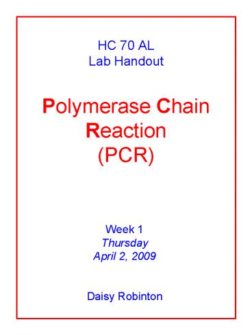 HC 70 AL Lab Handout Polymerase Chain Reaction PCR