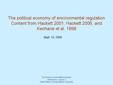 Economics of HumanEnvironment Interactions, Lecture 3