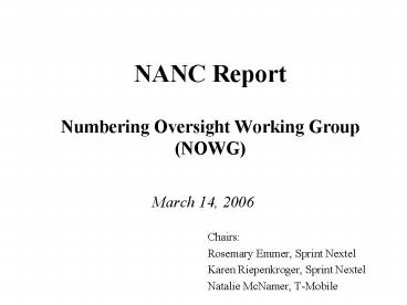 NANC Report Numbering Oversight Working Group NOWG