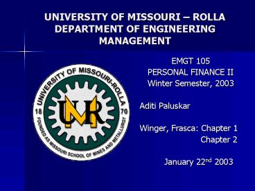 UNIVERSITY OF MISSOURI ROLLA DEPARTMENT OF ENGINEERING MANAGEMENT