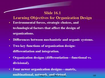 Slide 16'1 Learning Objectives for Organization Design