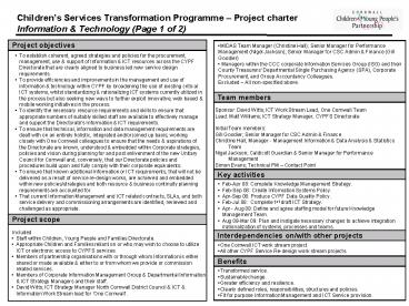 Childrens Services Transformation Programme Project charter Information