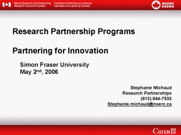 Research Partnership Programs Partnering for Innovation